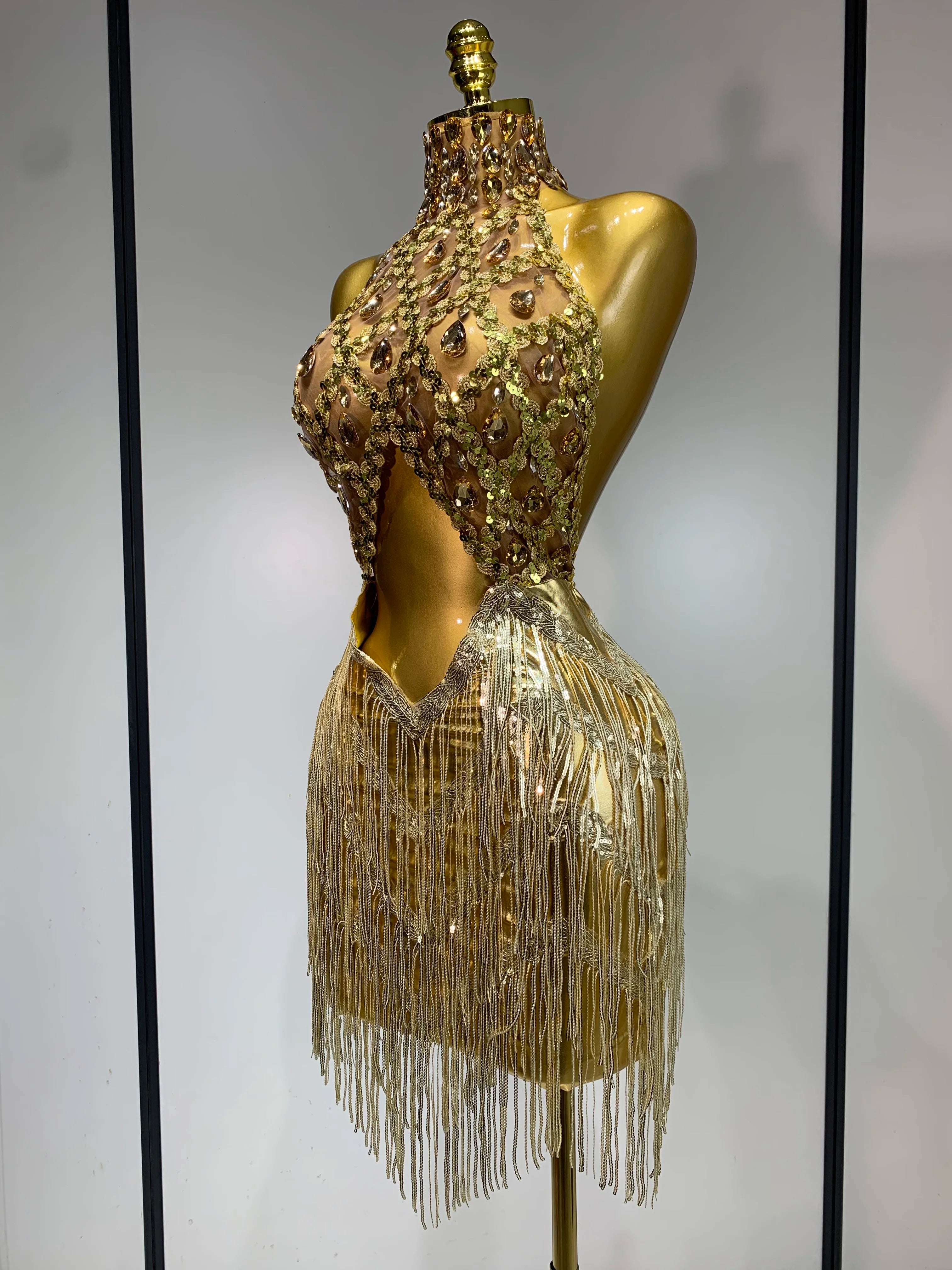 Women Birthday Party Rhinestones Tassels Transparent Short Dress Dance Show 2025 New Sexy Fashion Gold Sparkly Stage Costume