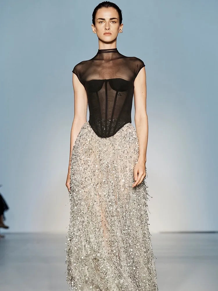 Women Celebrity Sexy Short Sleeve Mesh Sequins Silver Maxi Long Bodycon Skirt Set 2025 Elegant Evening Club Party Outfits black