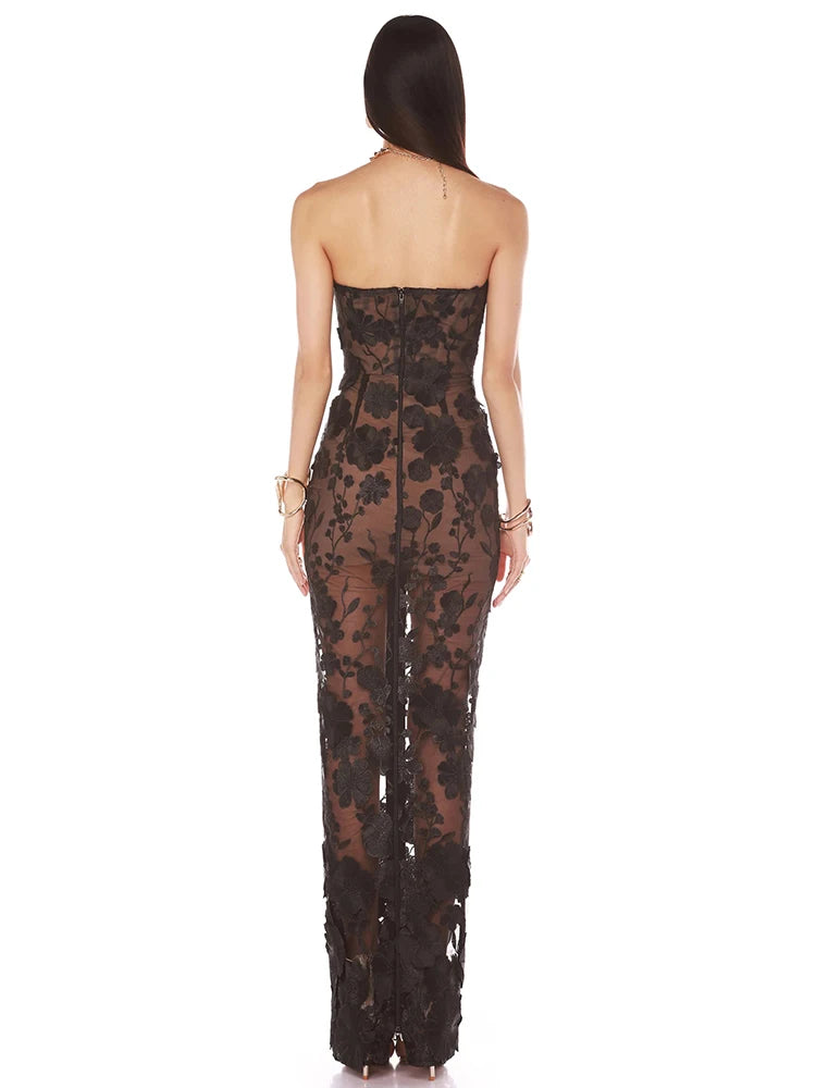 Glamorous Black Strapless Mesh Dress with 3D Floral Embellishments and Side Slit for Stylish Evening Gown
