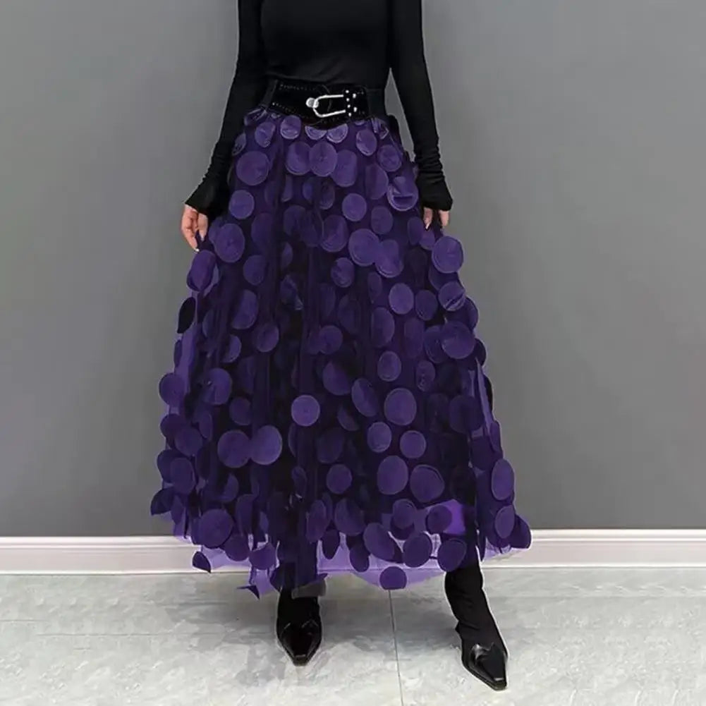 Women High Waist Skirt Hem Skirt Vintage A-line Maxi Skirt with 3d Dot Decor High Waist Women's Retro Solid Color Long Elastic