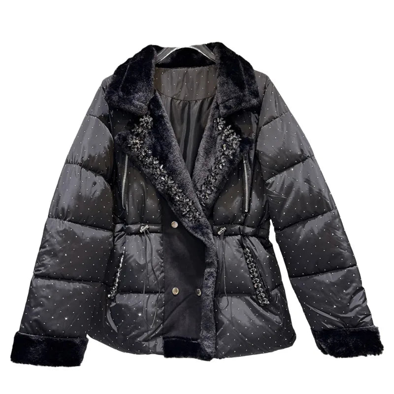Winter New Fashion Elegant Rhinestone Fleece Drawstring Waist Warm Coat For Women Cotton-padded Jacket Female 11A07514