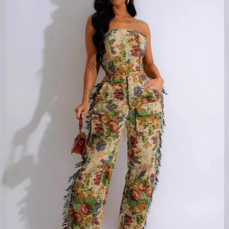 Fashion Print Women's Set Strapless Top and Wide Leg tassel Pants Summer Cargo Street Two 2 Piece Set Outfit Tracksuit