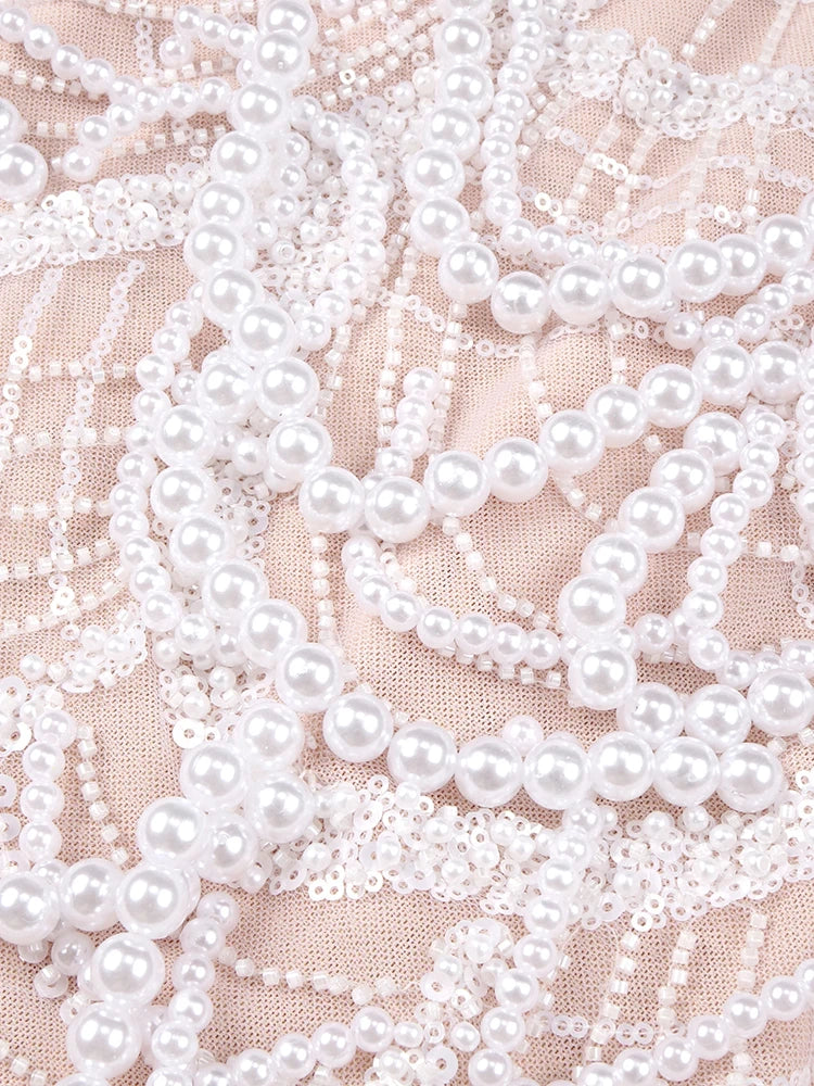 Beige Spilced Folds Short Dress Off The Shoulder Pearl Sequins Beading Chains Mini Cocktail Evening Party Vestido