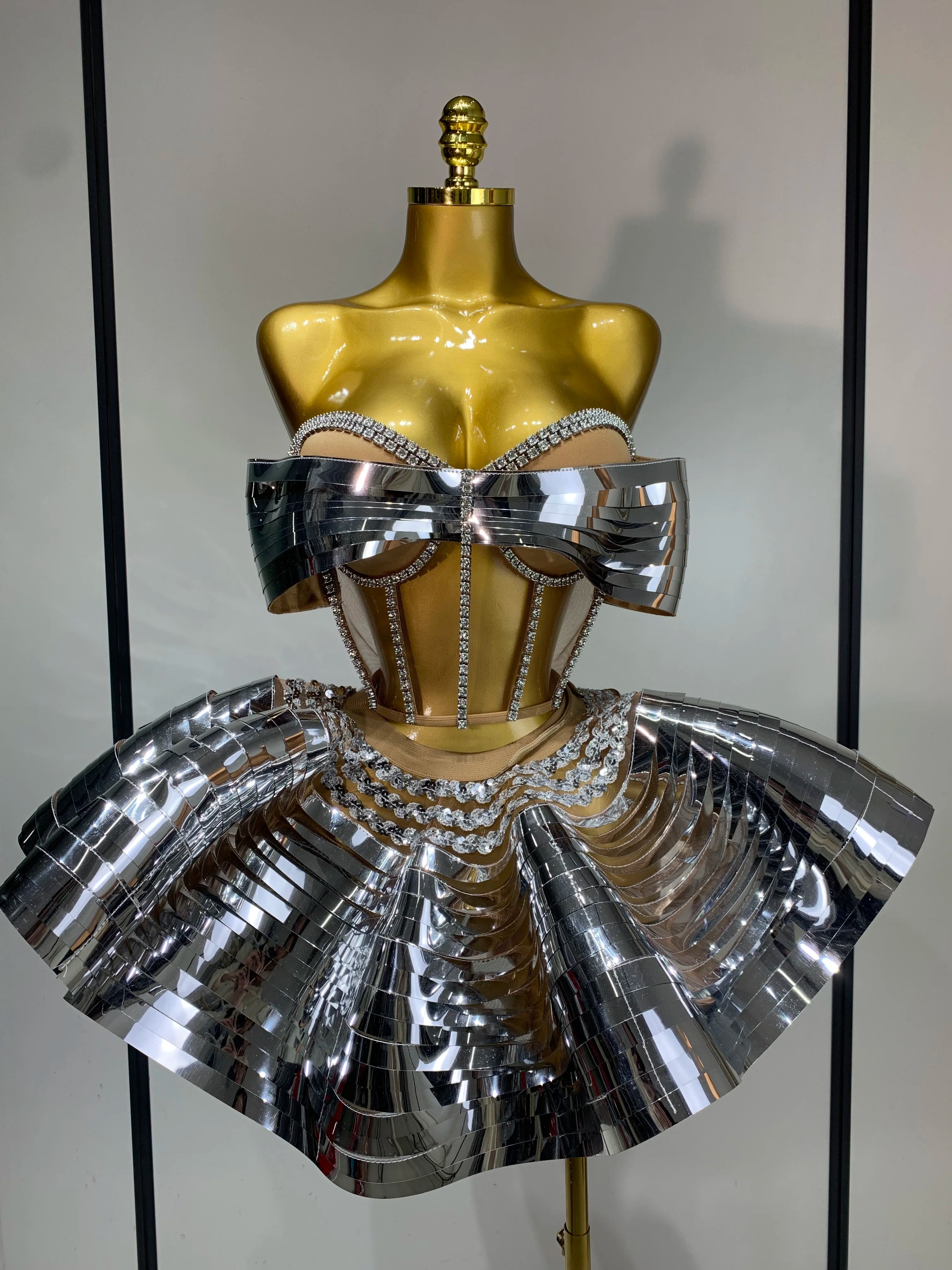 Women Stage Performance Costume Two Piece Set Silver Sequins Rhinestone Fancy Outfit Sexy Backless Shiny Birthday Party Dresses Silver