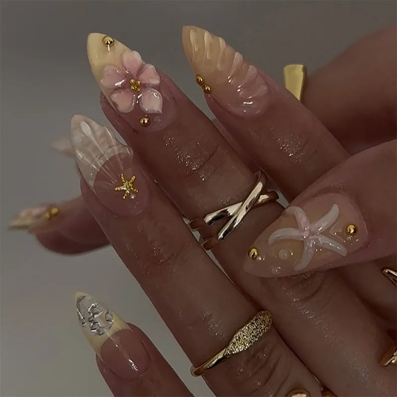 24Pcs Almond Shape Head Press on Fake Nails Short Round Head Full Cover Nail Tip Art Starfish Design French Colorful False Nails 2504-058