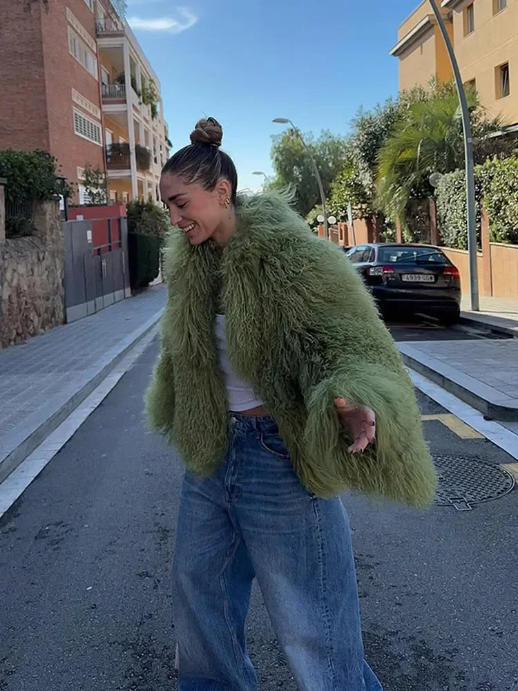 Green Luxury Fluffy Faux Fur Jacket Women Fashion Lapel Long Sleeve Loose Warm Coat 2025 Winter Lady High Street Outerwear