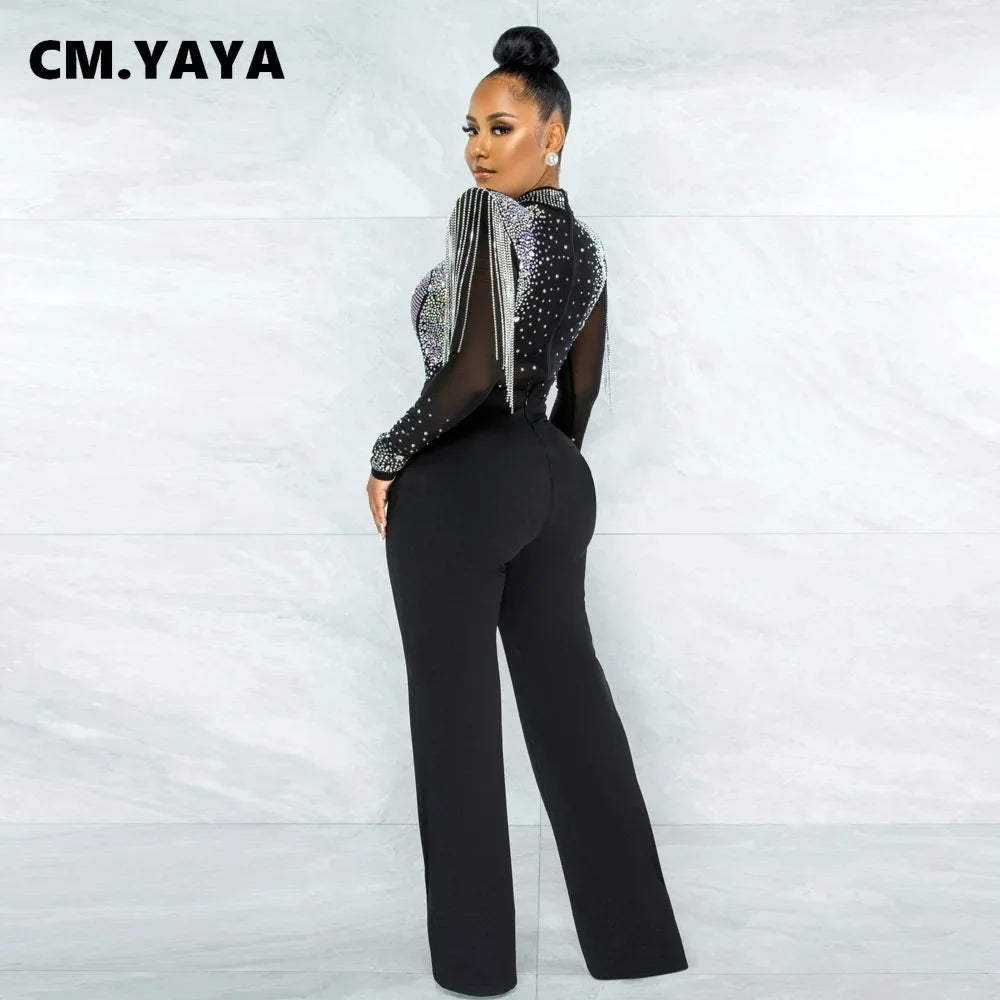 CM.YAYA Women Jumpsuit Solid High Collar Hot Drill Mesh Shoulder Cotton Long Sleeves Long Straight Jumpsuit Sexy Party Outfits