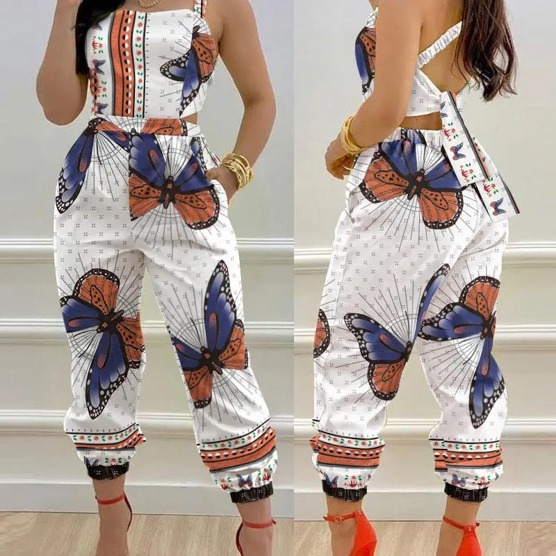 Woman Jumpsuits Elegant Jumpsuits Sexy V-neck Sleeveless Printed Jumpsuit New Fashion with Belt Vest Playsuit Streetwear F