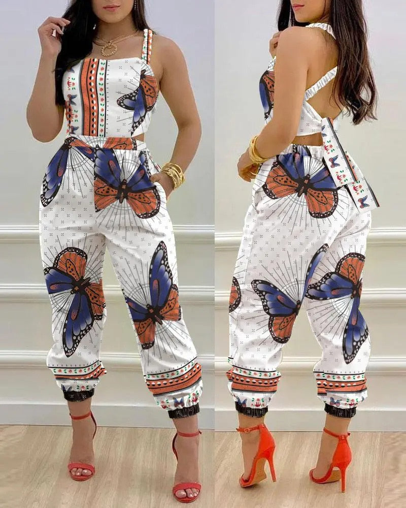 Woman Jumpsuits Elegant Jumpsuits Sexy V-neck Sleeveless Printed Jumpsuit New Fashion with Belt Vest Playsuit Streetwear F