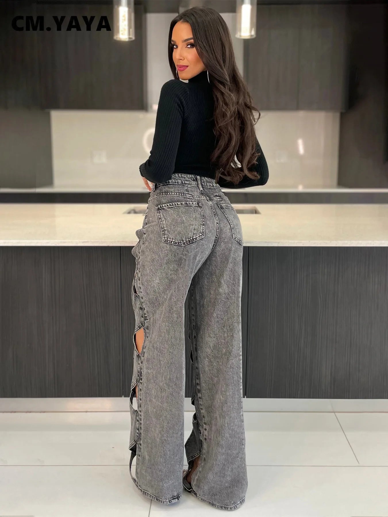 Women Vintage Cutout Hollow Out Criss Cross Straight Denim Pants 2024 Fashion INS High Waist Wide Leg Jeans Trousers