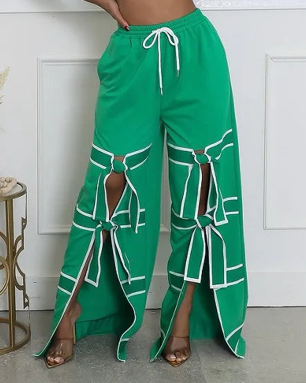 CM.YAYA Fashion Women Striped Patchwork Bowknot Split Wide Leg Jogger Pants 2025 Summer Active Sporty Classic Trousers Green