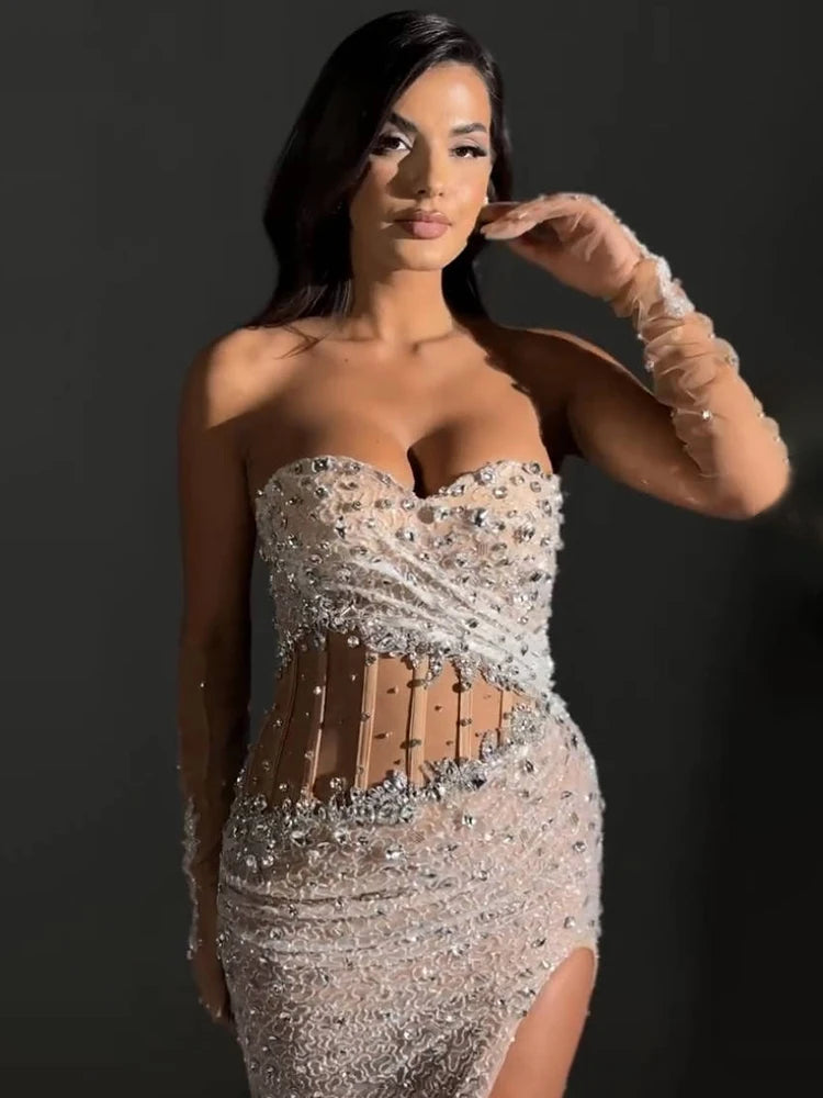 Beige Sequins Strapless Long Dress Backless See Through Mesh Crystal High Slit Celebrity Party Evening Gowns With Gloves
