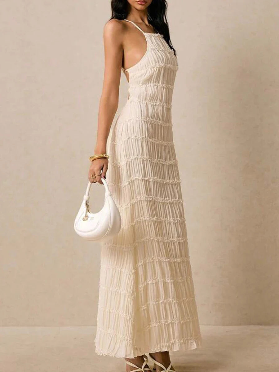 Slimming Sheer Spliced Striped Casual Dresses for Women Halter Neck Sleeveless Backless Dress Female Fashion New