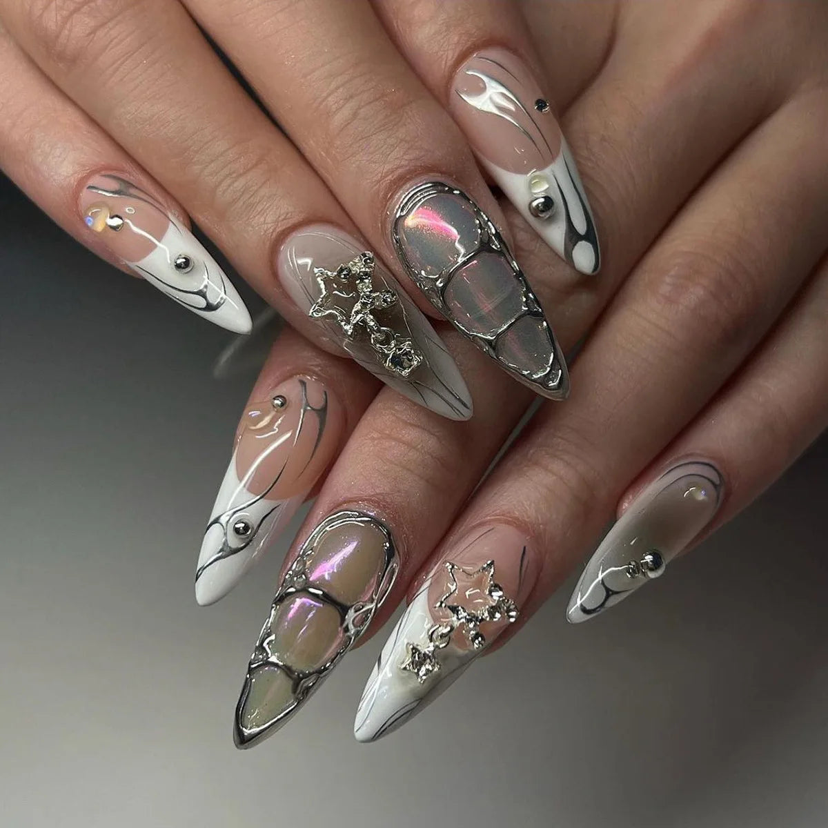 24pcs Long Coffin Gothic Press on Nails Sliver Star Flame Crocodile Print False Nail Wearable European Spicy Girl Fake Nails 4