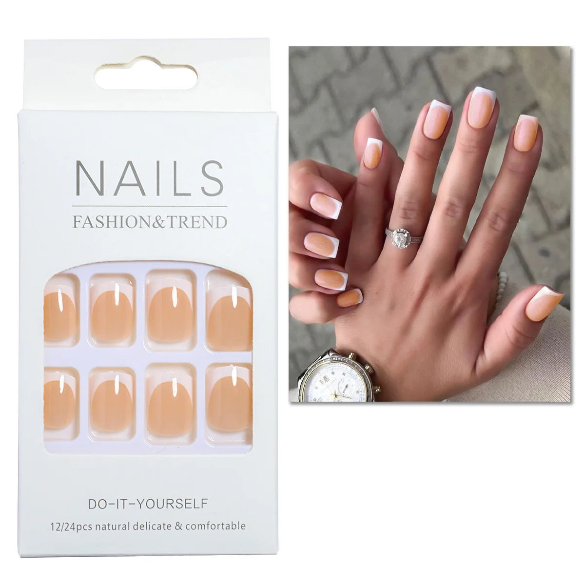 24pcs/set short square fake nails for women cute bride heart white french tips faux ongles y2k press on false nail supplies 1069