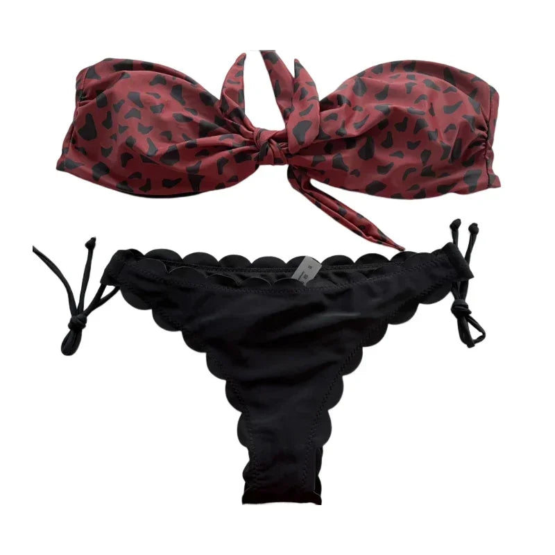 Beach Bikini Woman Sexy Front Lace Up Tie Strapless Leopard Swimsuit Female Push Up Ruffled Bow Bathing Suit Thong Swimwear wine red