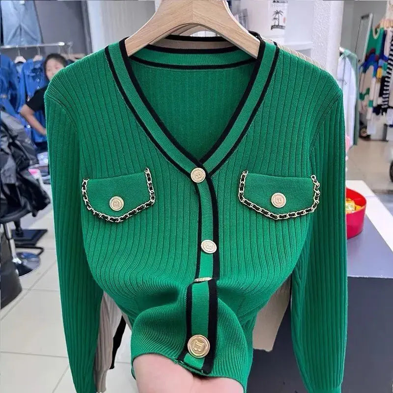 Temperament V Neck Knitting Slim Short Sweaters Spring Autumn New Long Sleeve Button Pullovers Fashion Elegant Women Clothing green