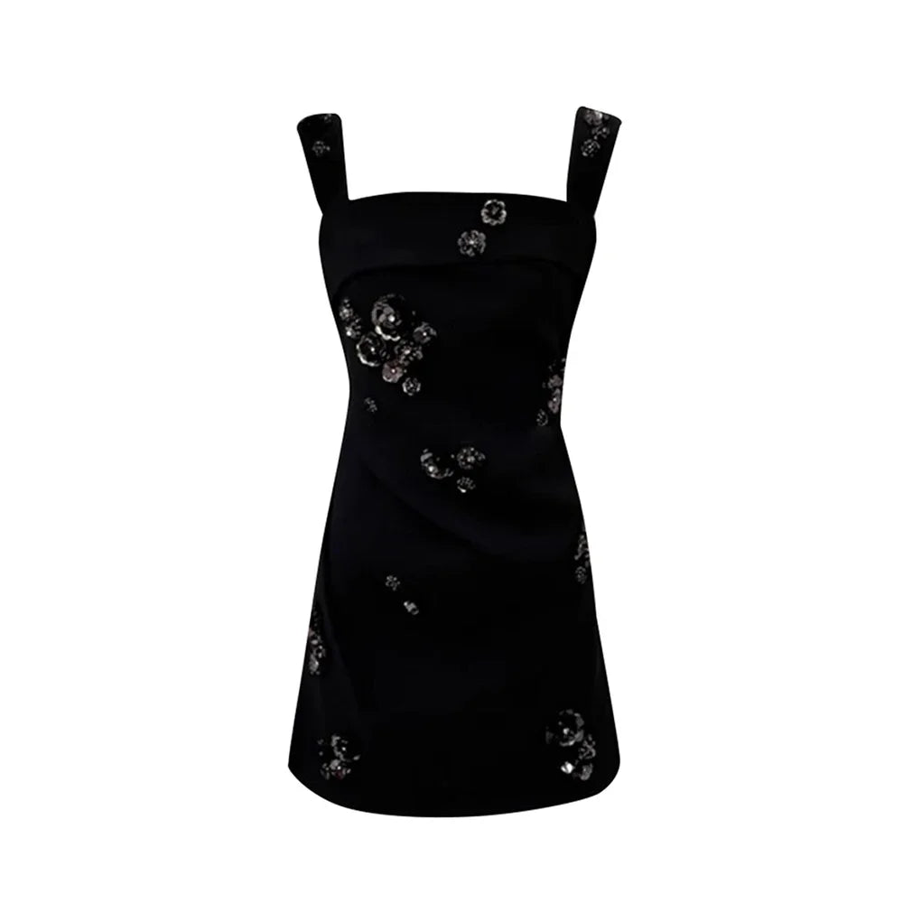 Solid Slimming Fashion Mini Dresses for Women Square Neck Sleeveless Patchwork Sequins Temperament Dress Female New BLACK