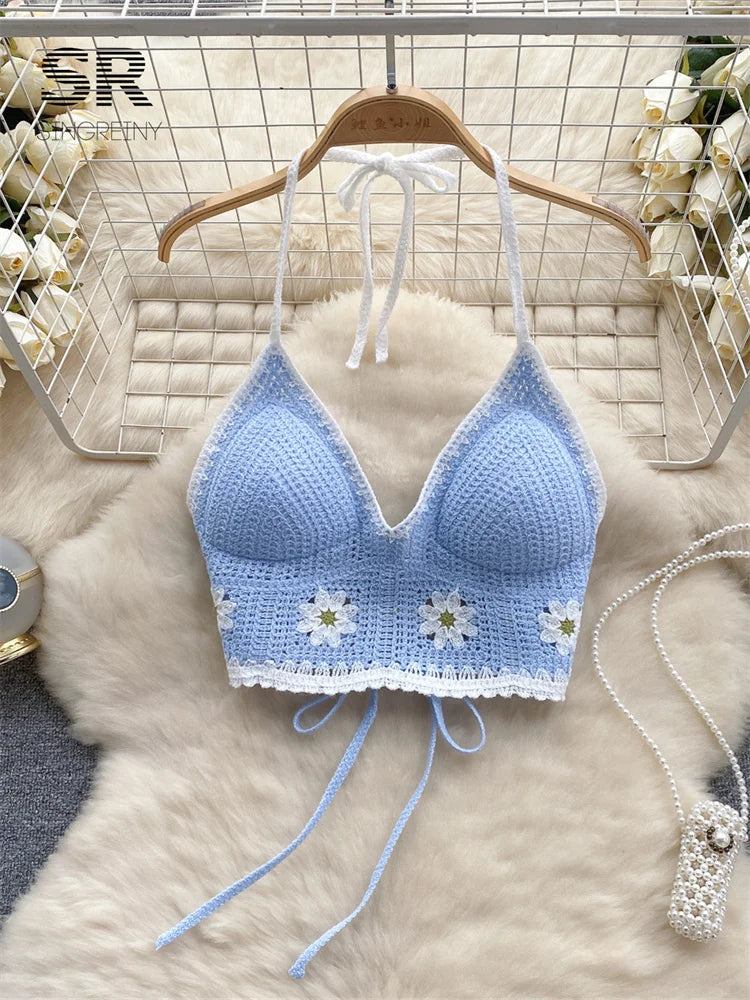 SINGREINY Floral Hook Knit Camisole Women Elegant Backless Fashion Vacation Ladies Backless Summer Bikini Sexy Beach Bra blue One Size