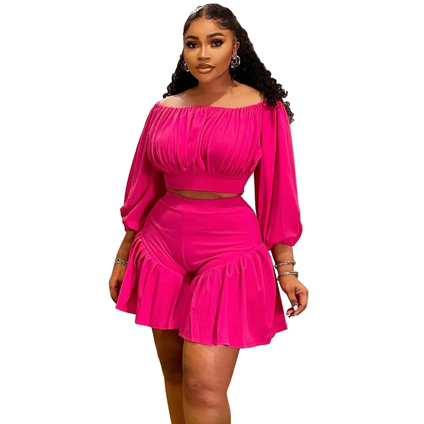 Plus Size Women's Set Long Sleeve Slash Neck T-Shirt and Shorts 2025 Summer Ruched Two 2 Piece Set Outfits Tracksuit rose red