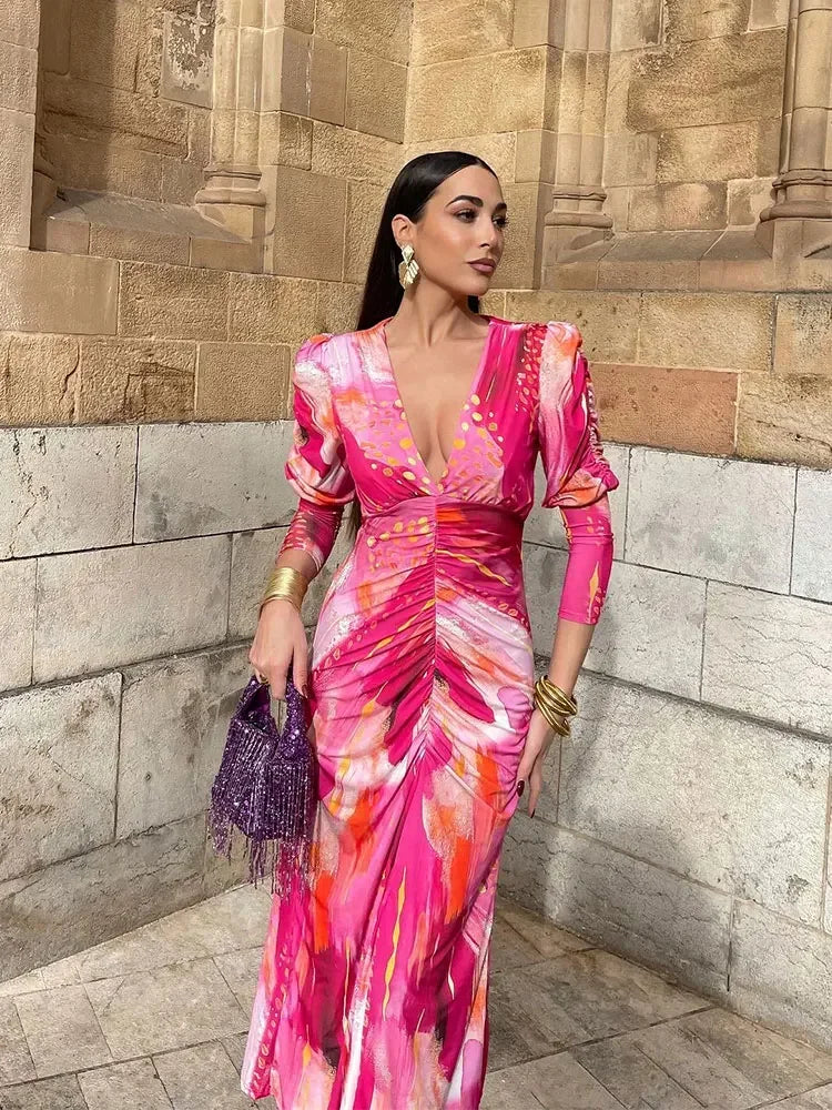 Elegant Tye Die Print Pleated Bodycon Maxi Dress Women Vintage Long Sleeve V-neck A-line Dresses Ladies Holiday Party Robes