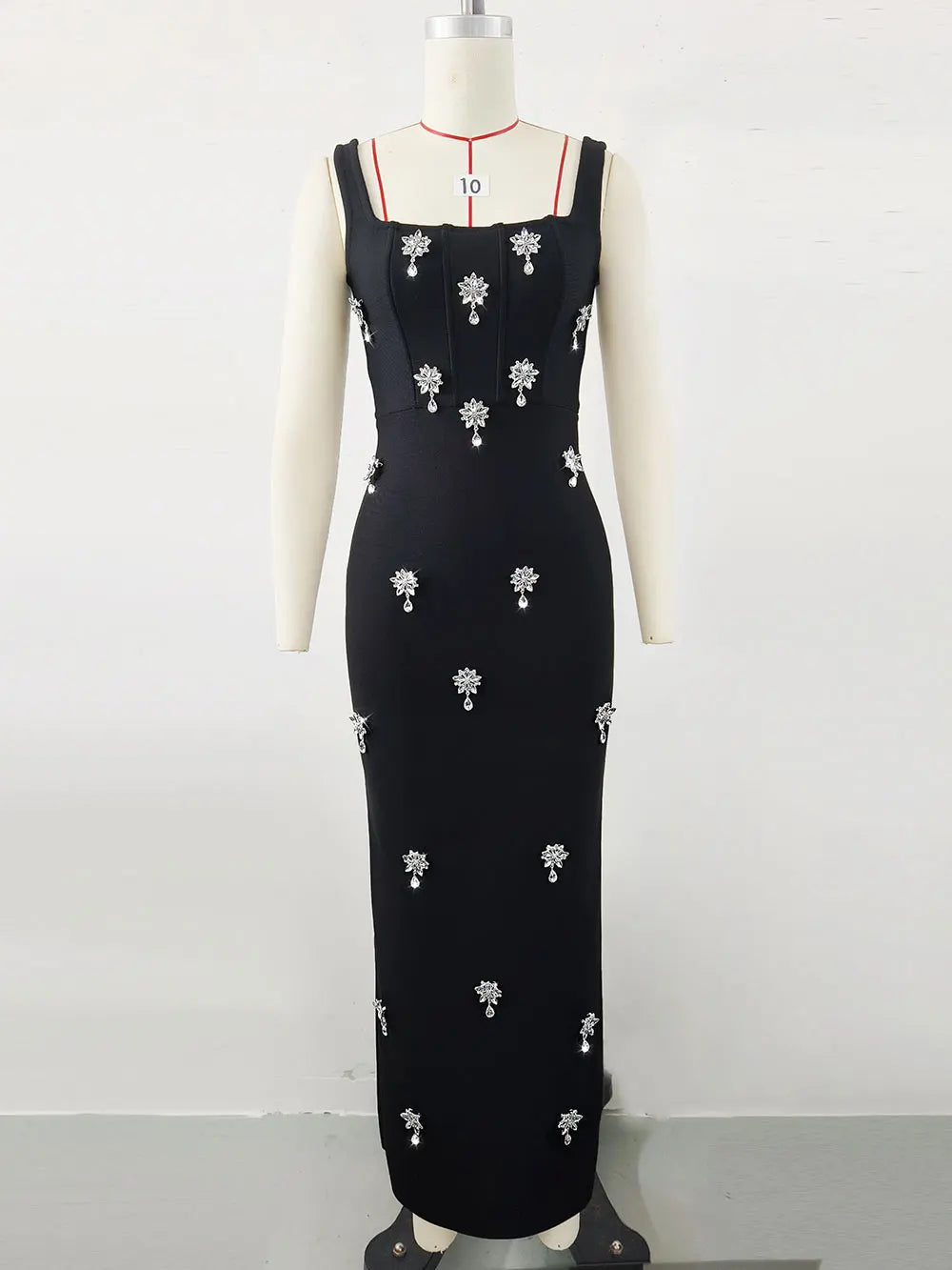 2025 Elegant Women Light Luxury Nail Bead Bandage Dress Camisole Square Neck Sleeveless Bodycon Long Dress Evening Party Vestido black