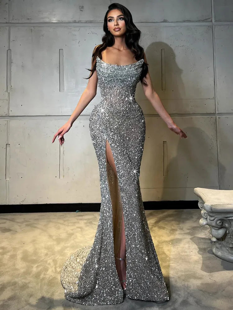 Women Sexy Strapless Backless Mesh Sequins Maxi Long Silver Bodycon Dress 2024 Elegant Party Evening Stage Performance Vestido Silver