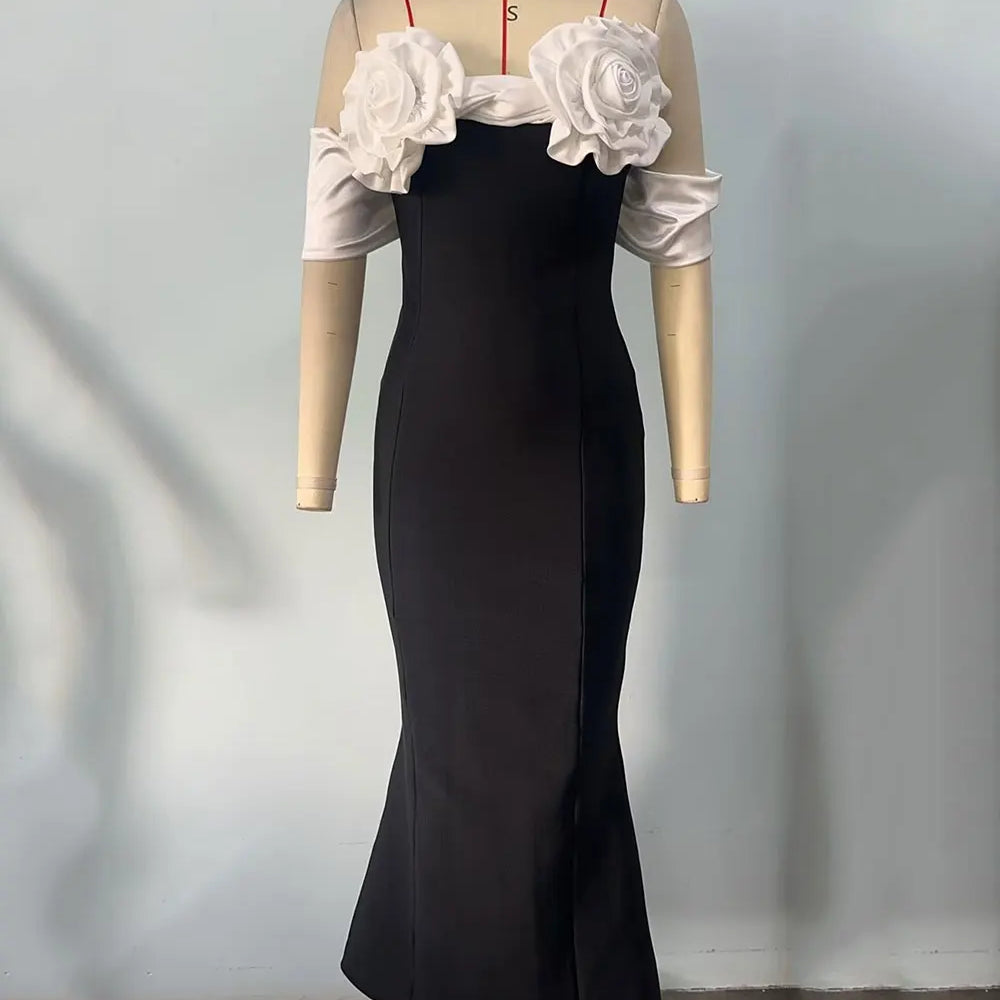 2025 Sexy Women'S Three-Dimensional Flower Design Bandage Dress Strapless Shoulder Strap Sleeve Bodycon Backless Long Dresses