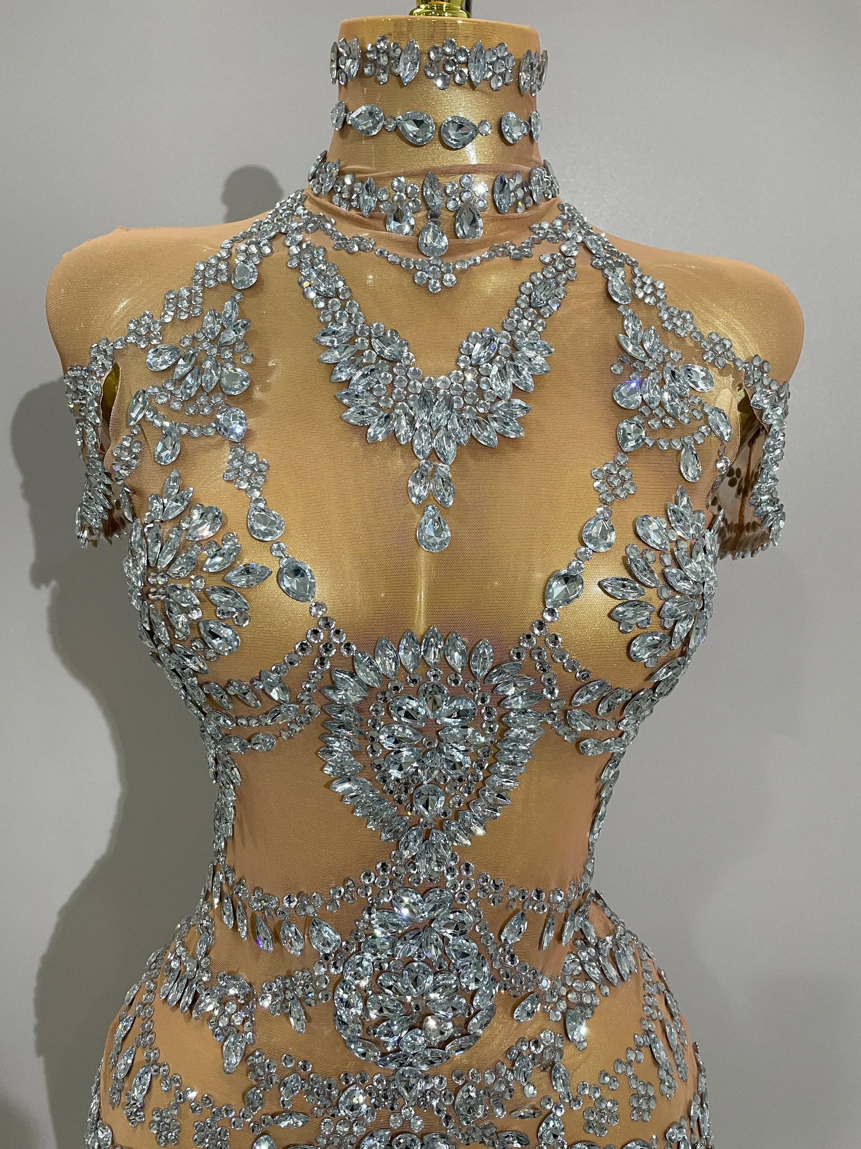 2025Stage Costume Luxury Rhinestones Sexy See-Through Sheath Bodysuit Evening Party Bar Nightclub Singer Dancer Performance Wear