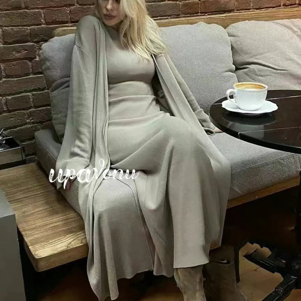 Women's Knitted Long Dress Sets with Polo Collar Long Sleeves Waistband Tie up Cardigan Long Coat+Sleeveless Dress Two Piece Set