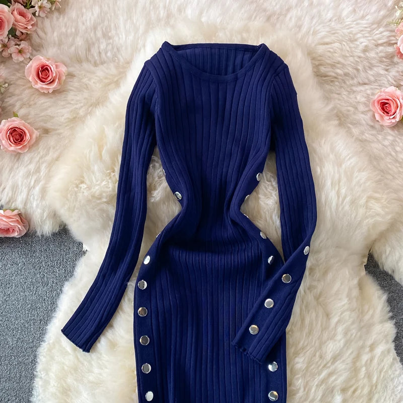 Winter Women's Knitted Sweater Dresses O-Neck Long Sleeve Slim Side Double Row Buckle Hip Wrap Dress Ladies Sheath Dress Autumn navy blue One Size