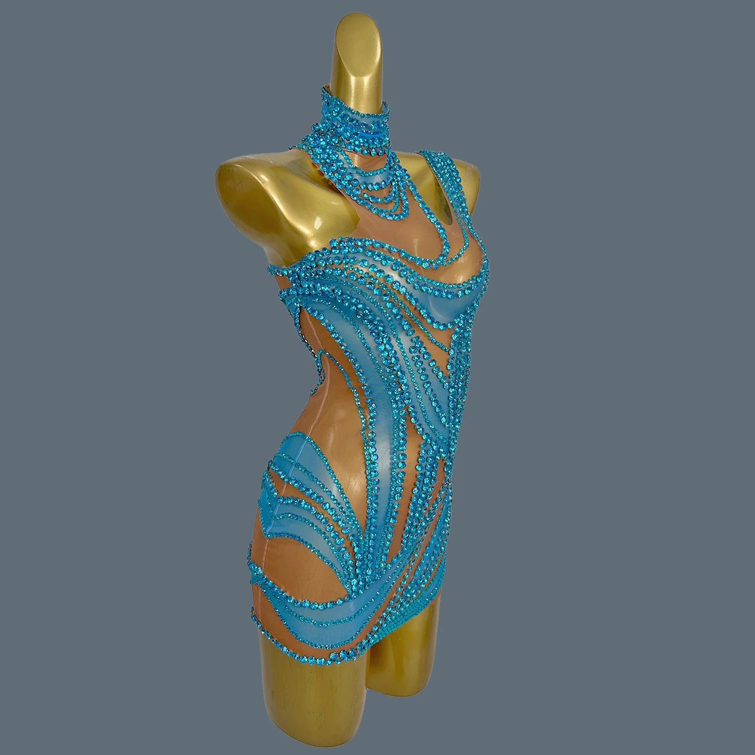 Sparkly Rhinestone Mini Dress Sexy Mesh See Through Party Event Prom Celebrate Birthday Dress Singer Show Wear Liuzhuan