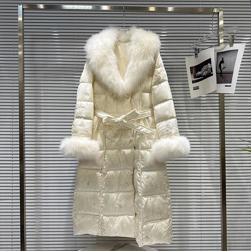 Winter New Fashion Style Large Fox Fur Collar Embroidered Long Cotton Jacket For Women High Quality Warm Coat 11A07799