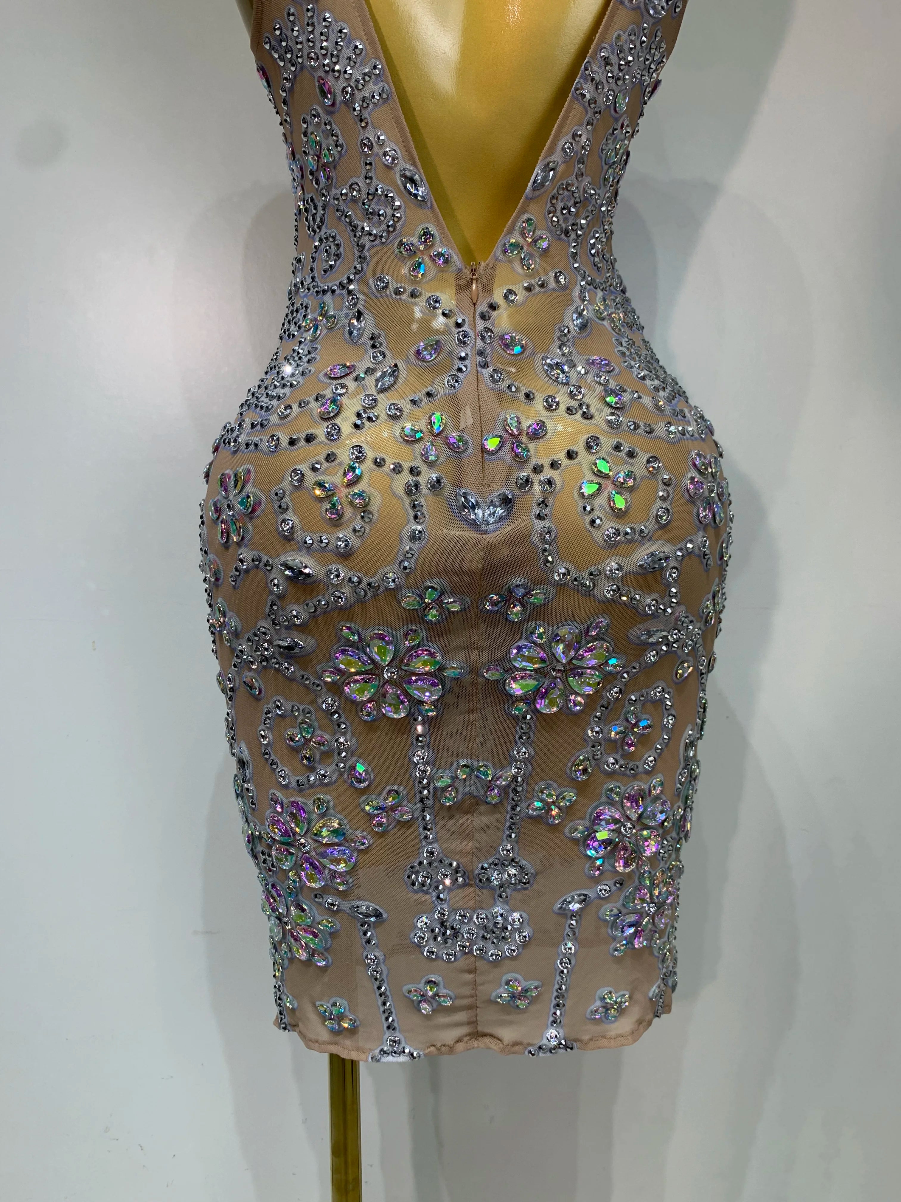 Celebrity Elegant Party Sparkly Rhinestones Transparent Mesh Short Dress Luxury Birthday Nightclub Outfit Perform Stage Costume