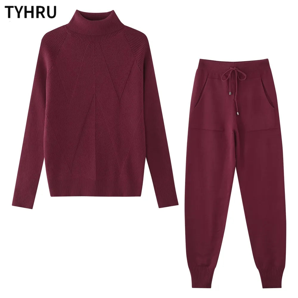 TYHRU Autumn Winter Women's tracksuit Solid Color Striped Turtleneck Sweater and Elastic Trousers Suits Knitted Two Piece Set Claret One Size
