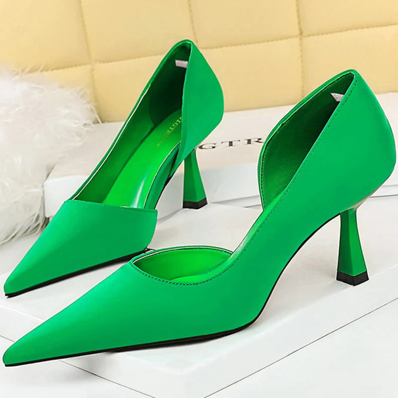 Women 7cm High Heels Green Purple Red Pumps Small Size 34-40 Stripper Evening Silk Escarpins Lady Wedding Bridal Scarpins Shoes Green
