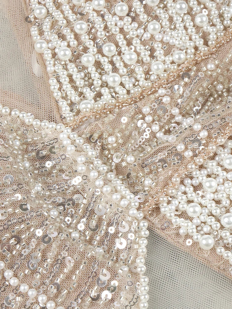 Pearls Sequins Cut Out Mermaid Long Dress Beaded Nude Mesh Patchwork High Side Split Prom Formal Occasions Evening Gown