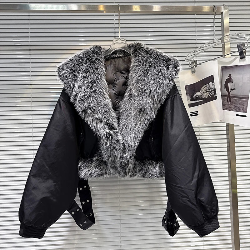 Winter New Trendy Fashion Big Fur Collar Motorcycle Style Warm Jacket For High Quality Cotton-padded Coat 11A07509 Black