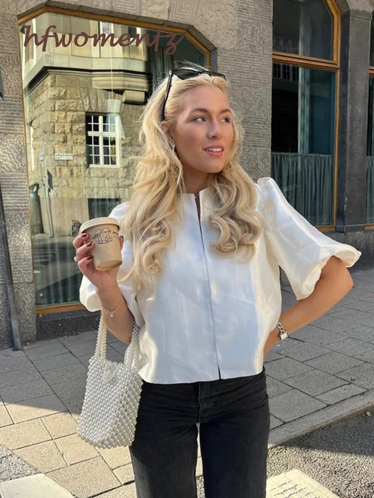 Elegant Satin Ruffle Shirt for Women Lantern Short Sleeve Loose O-neck Female Top Spring Summer Fashion Lady Streetwear