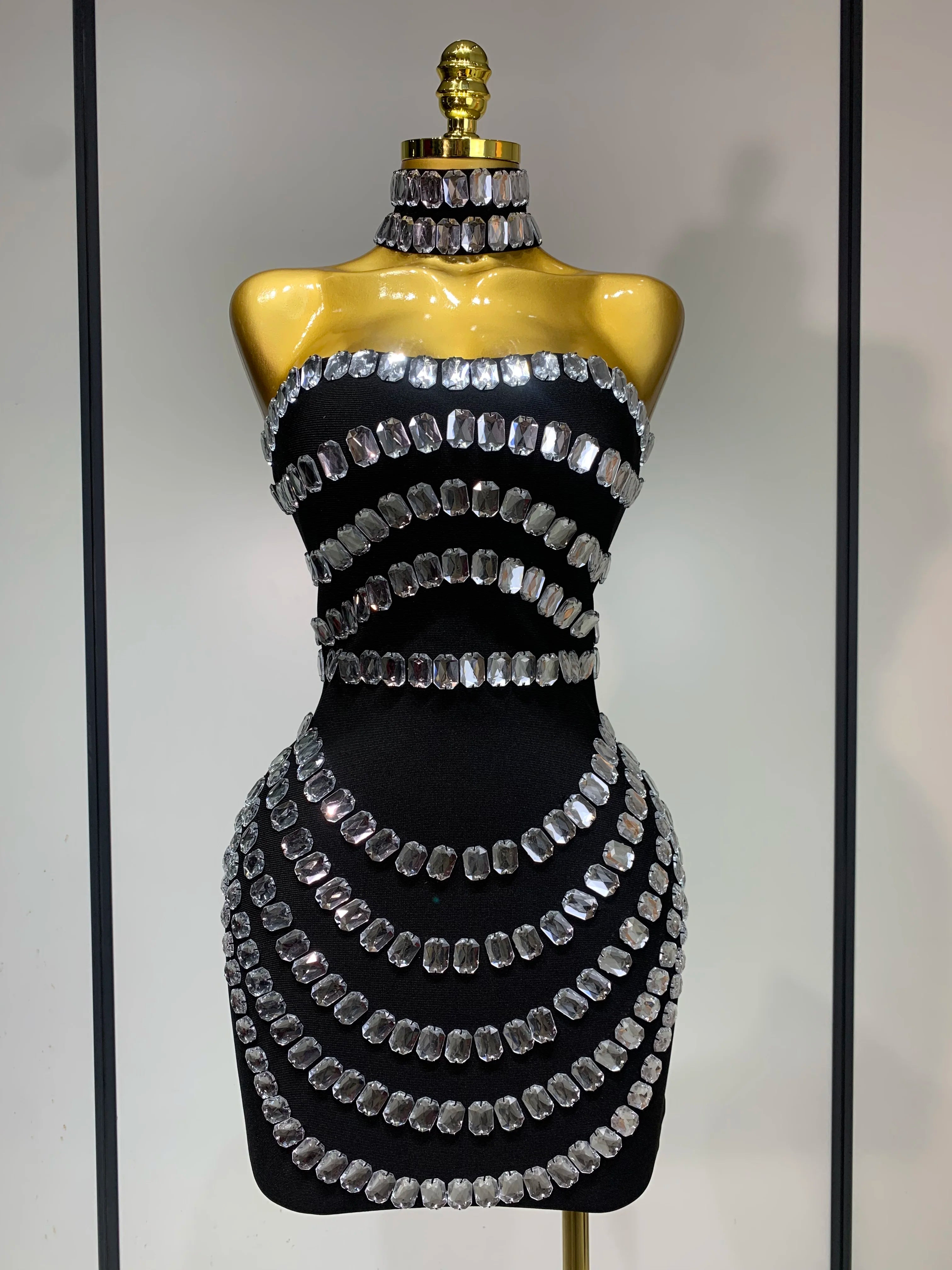 Sparkly Rhinestones Bodycon Strapless Mini Bandage Dress 2025 Women Backless Fashion Evening Party Club Luxury Birthday Dresses black