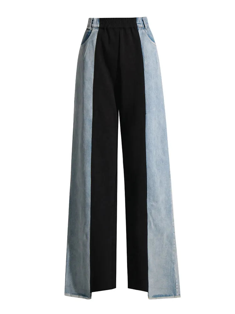 Straight Loose Denim Pants Female High Waist Colorblock Loose Wide Leg Long Trousers Women Clothing 2023 Style New Blue