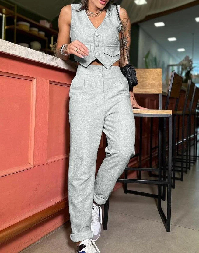 Two Piece Set Women Outfit 2023 Summer Fashion V-Neck Buttoned Sleeveless Vest Top & Casual High Waist Pocket Daily Pants Set