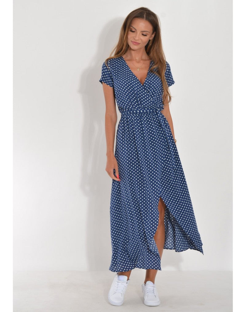 Women Casual Floral Print Dress Summer Elegant V-neck Short Sleeve Waist Lace Up Maxi Dresses Female Holiday Split Long Dress Blue