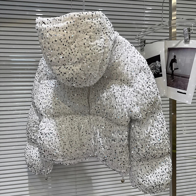 Winter New Trendy Style Silver Sequin Fabric Heavy Industry Hooded Warm Jacket For Women Cotton-padded Coat 11A07657