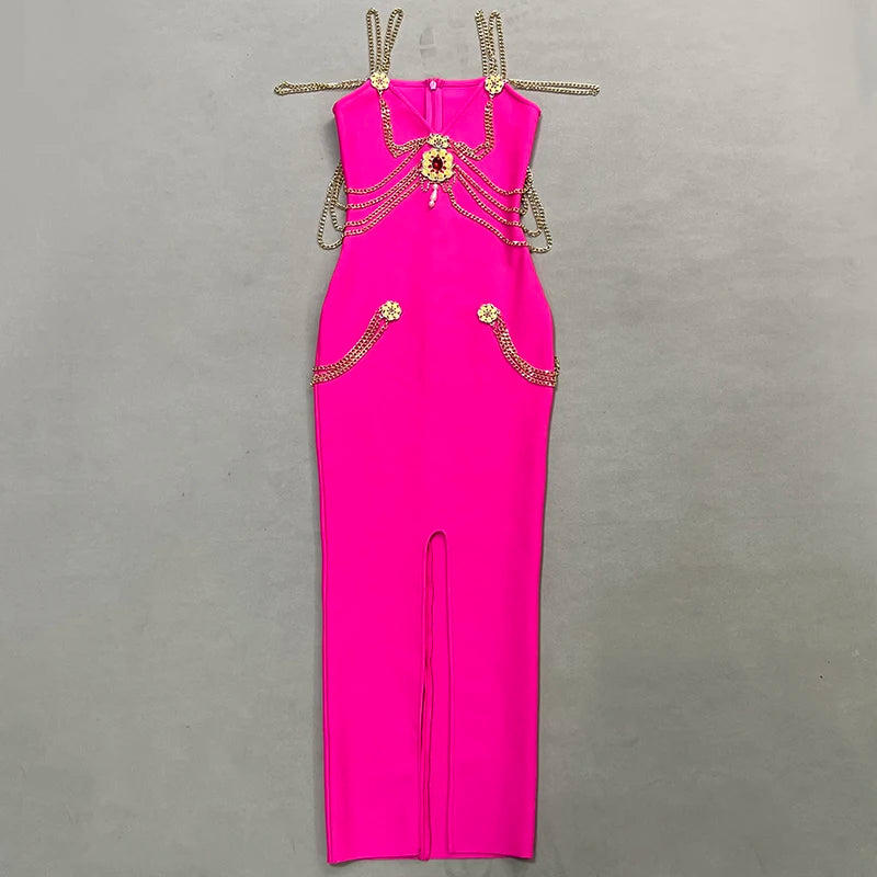 Runway Fashion Maxi Long Bandage Dress Open Fork Chains Strap Fashion Beading Bandage Dress Cocktail Party Bodycon Dresses 2025 Rose Red