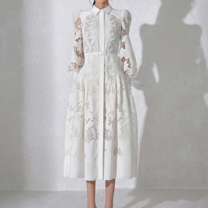 New Luxury Women Lace Embroidery Dress Spring Summer Long Sleeve White Wedding Evening Party Hollow Out Vestido Dresses
