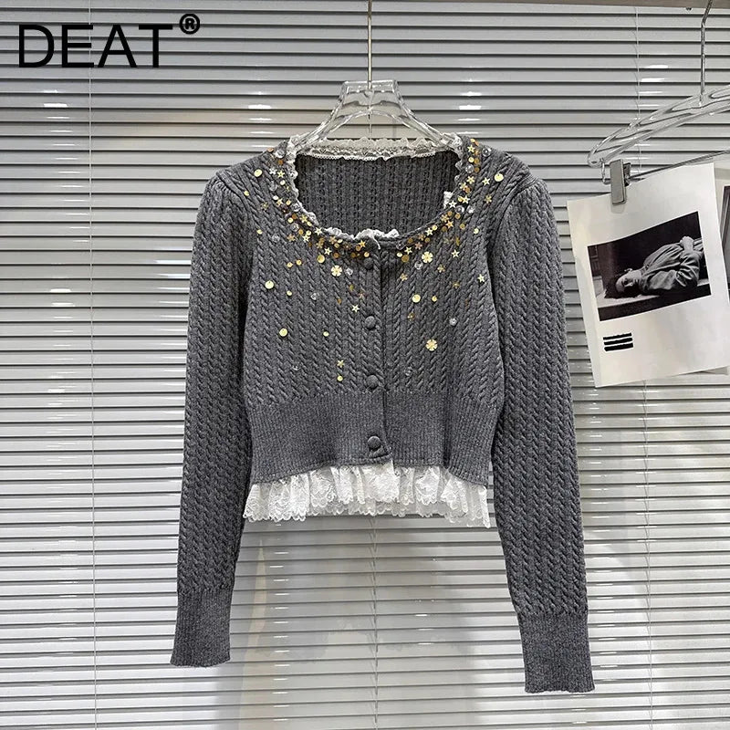 Winter New Fashion Lace Patchwork 3D Sequin Embroidery Knitted Cardigan For Women Elegant Short Sweater 11A07846
