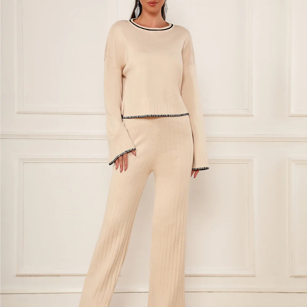 2025 Spring Casual Women's Knitted Pants Set O-neck Long Sleeve Hoodie Loose Knitted Shirt+Straight Pants Two Piece Set Khaki