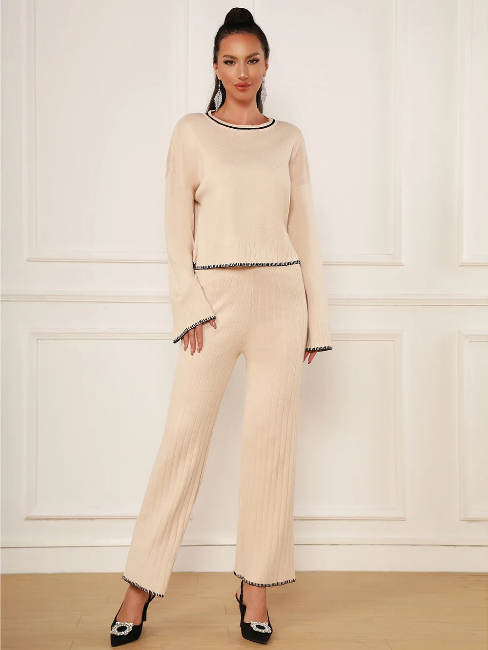 2025 Spring Casual Women's Knitted Pants Set O-neck Long Sleeve Hoodie Loose Knitted Shirt+Straight Pants Two Piece Set Khaki