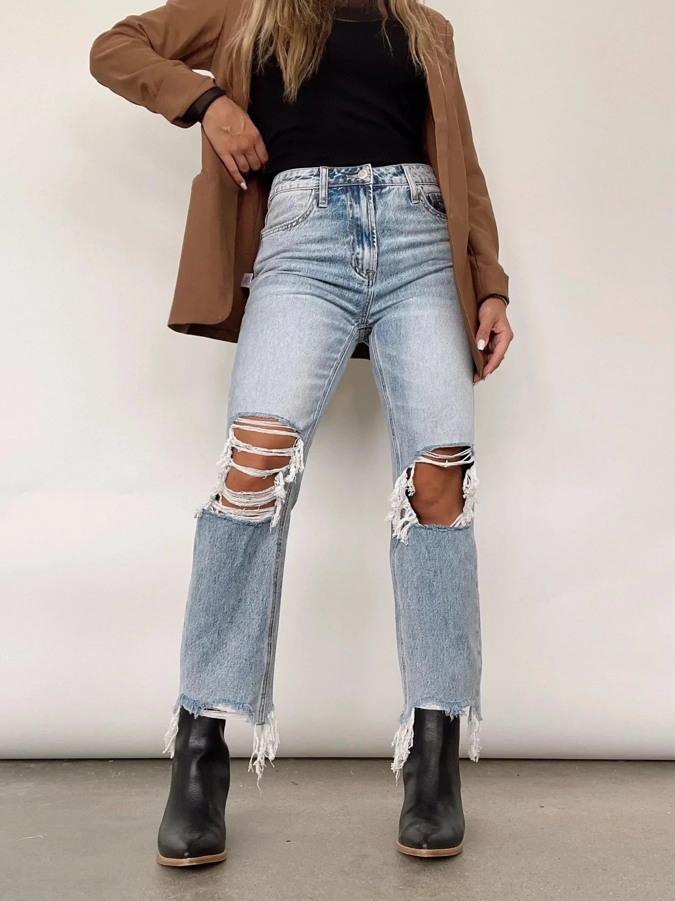 Summer Women Stretch Skinny Ripped Jeans High Waist Baggy Vintage Light Blue Girls Pants Narrow Straight Leg Fashion Trousers